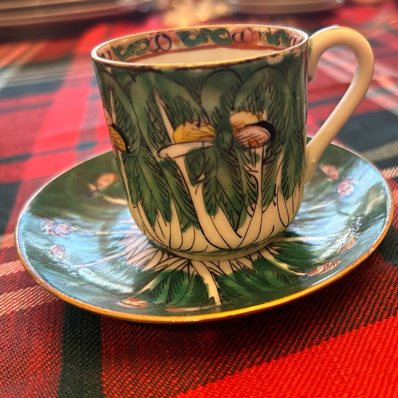 Rare Vintage Chinese Famille Verte Bok Choy Butterfly Pattern Tea Cup & Saucer - Picture 1 of 8